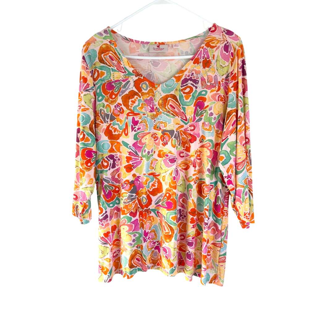 NWOT Quacker Factory Butterfly Rhinestone Top 3/4 Length Sleeve V-Neck Large